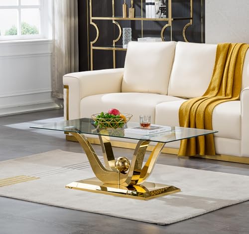 Luxury Gold Glass Coffee Table,47-inch Modern Coffee Table for Living