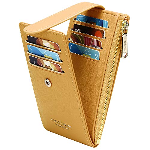 Image of Badiya Slim Women Wallet RFID Blocking Bifold Compact 9 Card Slots Holder Wallets Soft Leather with Zipper Coin Pocket 2 ID Window