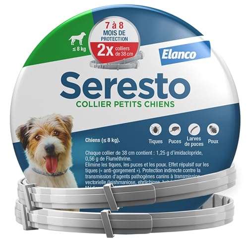 Seresto Collier Petits Chiens – 2 Colliers anti puces et anti tiques longue durée pour petits chiens de moins de 8kg – Protection leishmaniose, tiques,...