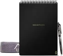 Bloco de Notas Rocketbook Flip – com 1 caneta Pilot Frixion e 1 pano de microfibra incluído – capa preta, tamanho carta (21,5 x 28 cm)