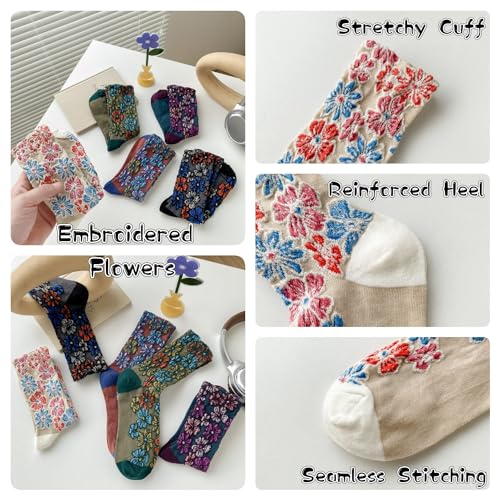 Vintage Embroidered Floral Socks for Women, Combed Cotton Crew Socks3