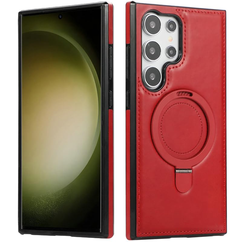 AdirMi Case for Samsung Galaxy S24 Ultra/S24 Plus/S24, Premium PU Leather and Soft TPU Non-Slip Grip Bumper with Invisible Stand [Compatible with MagSafe],Red,S24 Ultra