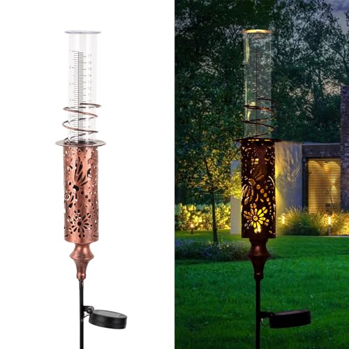 VEWOGIFT Rain Gauge Outdoor Solar Rain Gauges for Yard Freeze Proof Rain Gauge with 7 Plastic Tube Copper Metal Decorative Garden Stake with Led Light Brown