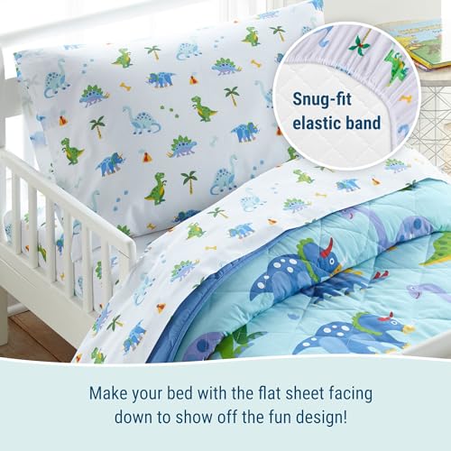 Image of Wildkin 4-Piece Toddler Bed in a Bag - Cotton Comforter, Sheets & Pillowcase for Cozy Cuddles - Dinosaur Land