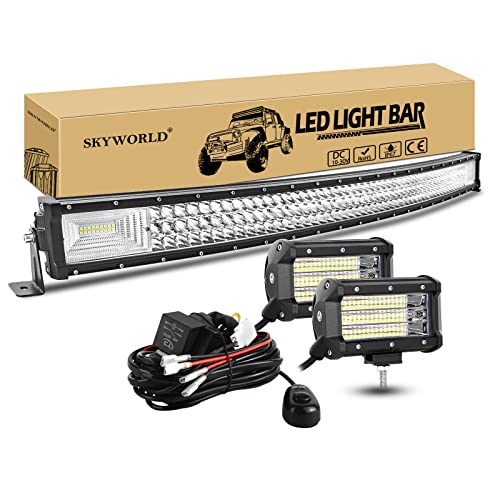 SKYWORLD Curved LED Light Bar, 42 Inch 540W Work Driving Fog Lamp, 2 x 5 Inch 135W Offroad Flood Lights + 12V 2 Lead Wiring Harness Cable Kit for Auto Truck Tractors SUV 4x4 Vehicles