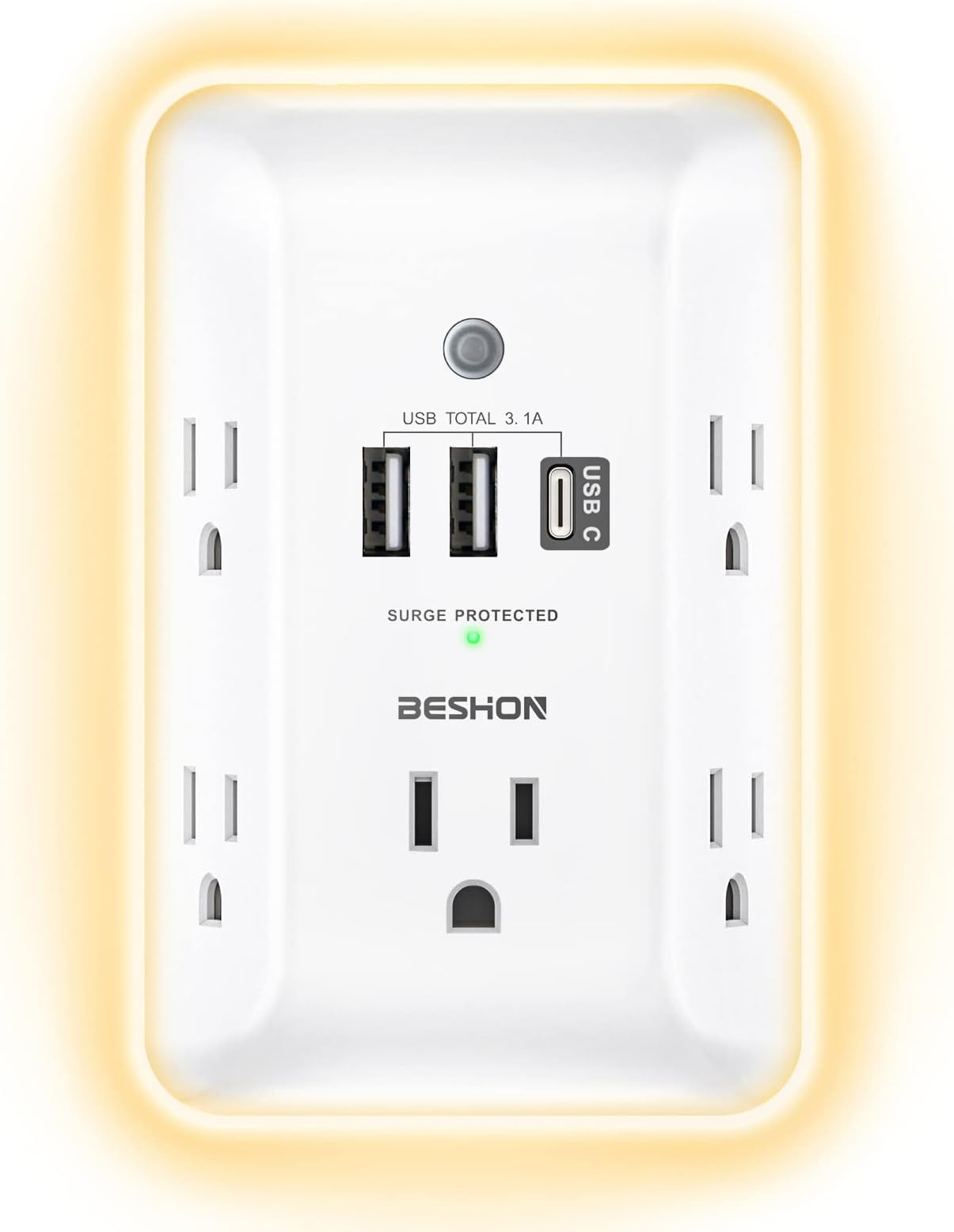 Outlet Extender with Night Light, 5 Outlet Surge Protector Power Strip with 3 USB Ports (1 USB C Port), BESHON 1800J 3 Sided Multi Plug Outlet Splitter for Home, Office, ETL Listed…
