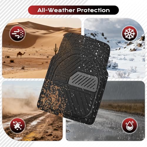 Image of Coverado Car Mats Full Set, Heavy Duty Rubber Floor Mats for Cars, Deep Dish Design All Weather Waterproof Car Floor Mats, Universal Trim-to-Fit Car Mats for Most Cars Trucks SUV, Black&Gray
