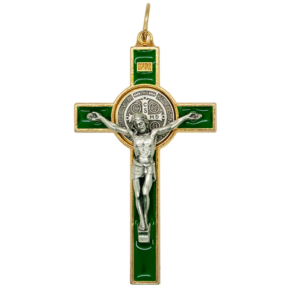 VILLAGE GIFT IMPORTERSVILLAGE GIFT IMPORTERS Saint Benedict Medal Crucifix | Patron Saint of Students and Europe | Includes Case and Cord | Great Catholic for First Holy Communion and Confirmation (Green)