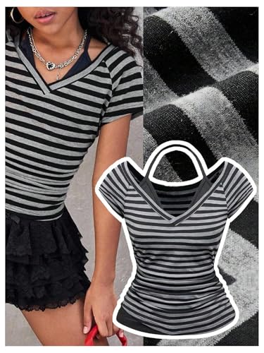 Girl's Y2K Striped T Shirts Short Sleeve V Neck 2 in 1 Halter Tops Fitted Summer Tee4