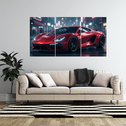 Image of BeauKraft Supercar Racing Poster Set for Wall - 3 Panel Split Posters (12x16 inches each, Unframed), Sports Car Wall Art Decor for Boys Room, Living Room, Garage & Men's Bedroom (Red)