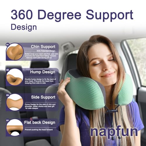 napfun Neck Pillow for Traveling, Upgraded Travel Neck Pillow for Airplane 100% Pure Memory Foam Travel Pillow for Flight Headrest Sleep, Portable Plane Accessories, Striped Turquoise Set