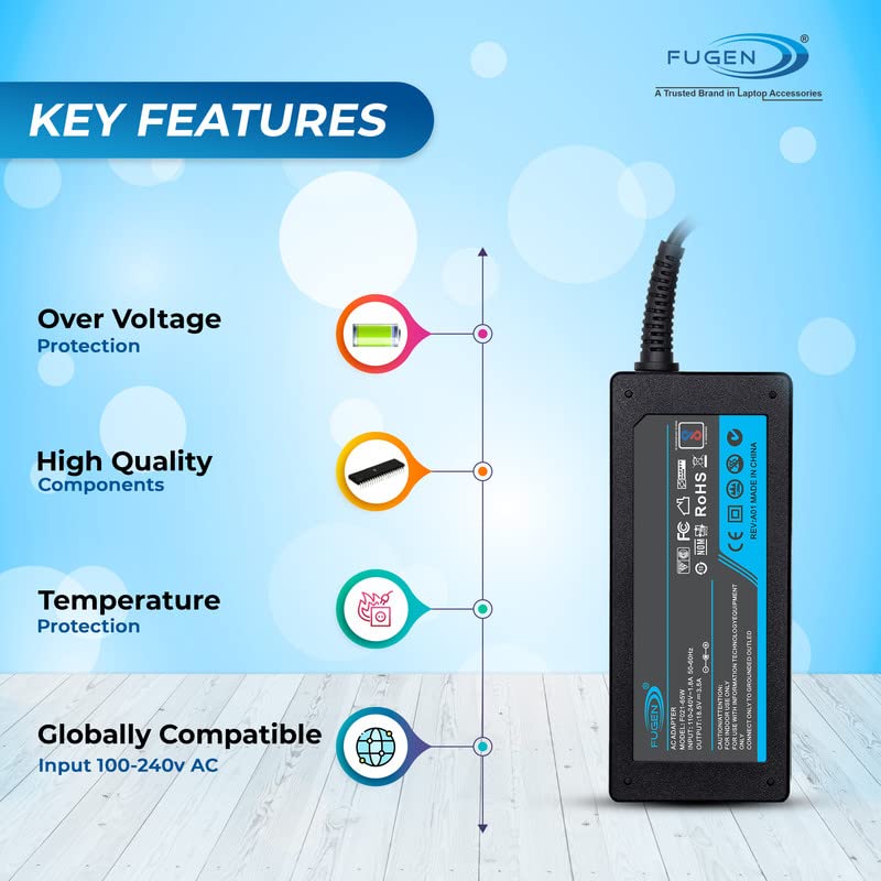 Image of Fugen Adapter Laptop Charger 65w 19v 3.42a pin Size 5.5 * 2.5mm Compatible for Lenovo, Toshiba, Asus, HCL, intex, fujitsu, wipro, medion, NEC Brand Laptops (Without Power Cable)