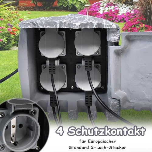 NAIZY Gartensteckdose Stein-Optik Aussensteckdose Wasserdicht IP44 Außensteckdose mit 4 Schutzkontakt Steckdose Außen inkl. 3 m Verlängerung Mehrfachsteckdose Garten Outdoor Steckdosen