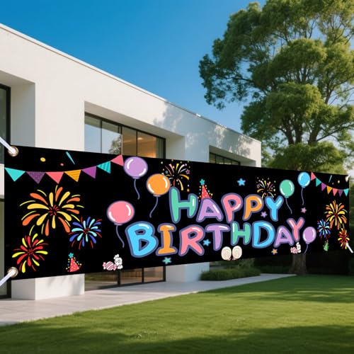Image of Nuxovilar Happy Birthday Banner Fireworks 18x79 Inches Polyester | Party Sign, Firework Poster colorful happy birthday banner, yard decoration yard, porch, fence (Fireworks)