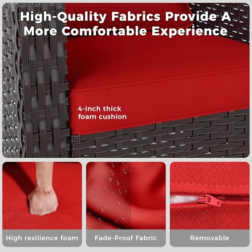 Image of 77'' Patio Sofa, All Weather Outdoor Rattan Wicker 3-Seat Sofa High Back Couch with Premium Cushions for Garden Backyard Porch(Brown /Red) | Patio Couch with Olefin Removable Cushion, All-Weather Outdoor Sofa with Deep Seat for Porch, Deck and Backyard, Red