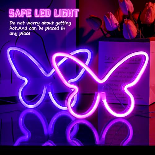 Image of Riakrum 2 Pcs Butterfly Neon Signs LED Lights Decor,Purple, Pink