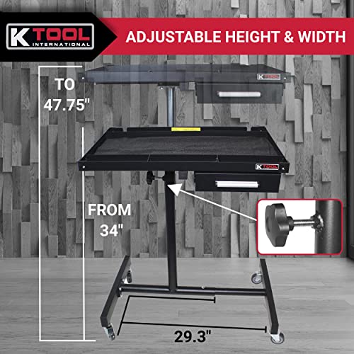 K Tool International 75107 Adjustable Tear Down Work Table With Drawer For Garages, Repair Shops, And Diy, Portable, (4) 2" Swivel Casters, 220 Pound Capacity, Rubber Corners, Heavy Duty Steel , Black #TOP6