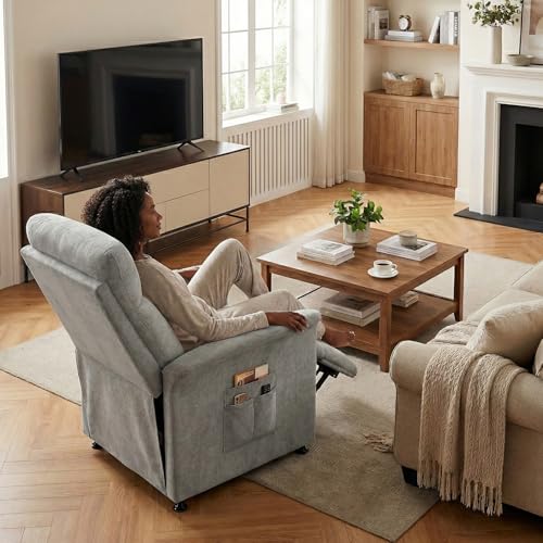 Image of Power Recliner Chair for Adults with Heat & Massage - Soft Fabric Electric Reclining Sofa with Remote Control, 3 Side Pockets, 180 Lay Sleeper for Home Theater Living Room, Light Grey