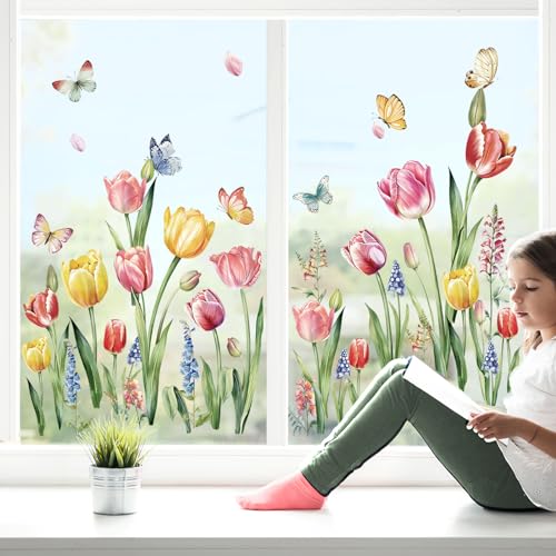decalmile Tulips Flower Double Sided Window Clings Gifts for Mom Garden Floral Butterfly Window Decals Anti-Collision Glass Doors Window Stickers