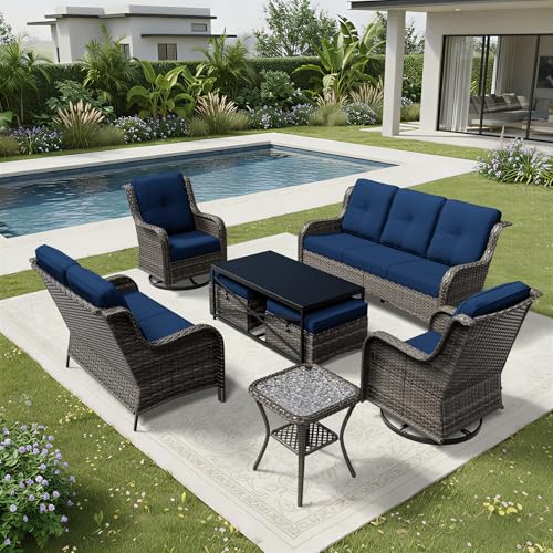 Image of Joyside 8 Piece Wicker Patio Furniture Set, Outdoor Swivel Rocker Patio Chairs with High Back, Deep Seating, Wide Armrest, Thickened Cushions, Outdoor Furniture for Deck, Porch Use