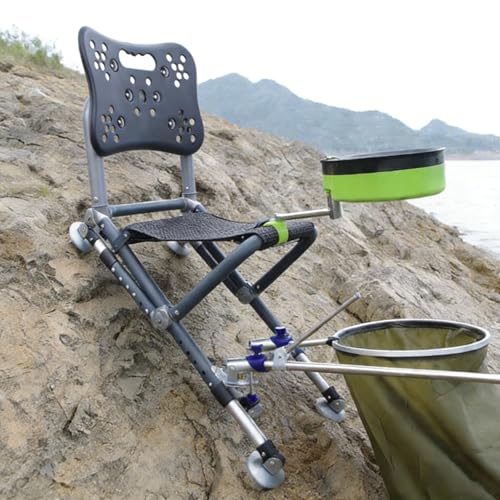 Silla de pesca plegable con respaldo ajustable, patas, protector de peces, bandeja de cebo y mochila para uso al aire libre en suelos irregulares