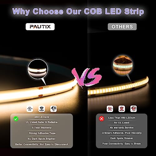 Pautix Cob Led Strip Light 16.4Ft/5M 2400Leds Warm White 3000K,Cri90+ Super Bright High Lumen,Lead-Free Material 24V Flexible Led Tape Light,For Cabinet Home Diy Lighting Project(Adapter Not Included) #TOP4