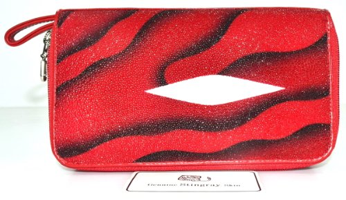 DOUBLE EYES SKIN GENUINE STINGRAY LEATHER CLUTCH WALLET SHINY RED SWIRL DOUBLE ZIPPERS NEW by ThaiPremiumHouse