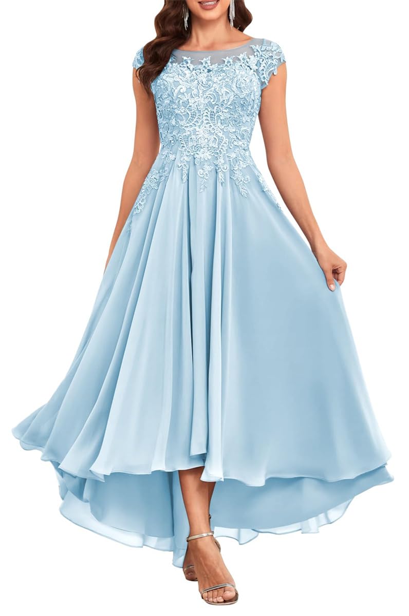 Kurface Women's Light Blue Tea Length Petite Mother Of The Bride Dresses With Sleeves Modest Lace Formal Bridesmaid Dress For Wedding Uk18