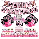 KPOP Girl Group Birthday Party Kit Supplies For Black and Pink includes Banner - 1 Cake Topper - 24 Cupcake Toppers - 18 Balloons - 1 BDay Sash
