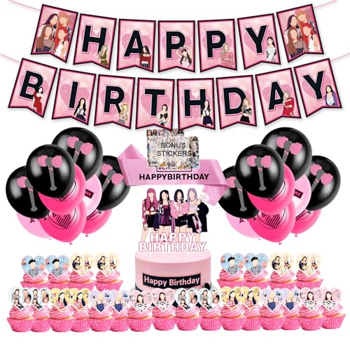 KPOP Black Pink Girl Group Birthday Party Kit Supplies with Cake Topper Balloons Banner Cupcake Toppers & Birthday Sash Easy Setup Party Supplies for Girls Teens & Adults