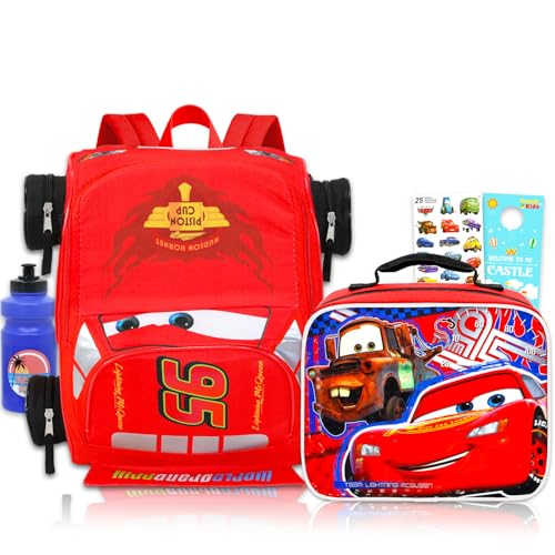 Disney Mini mochila de carros com lancheira para crianças – Pacote com bolsa escolar Lightning McQueen de 35,5 cm, lancheira, garrafa de água, adesivos, mais | Mochila escolar Disney Cars com