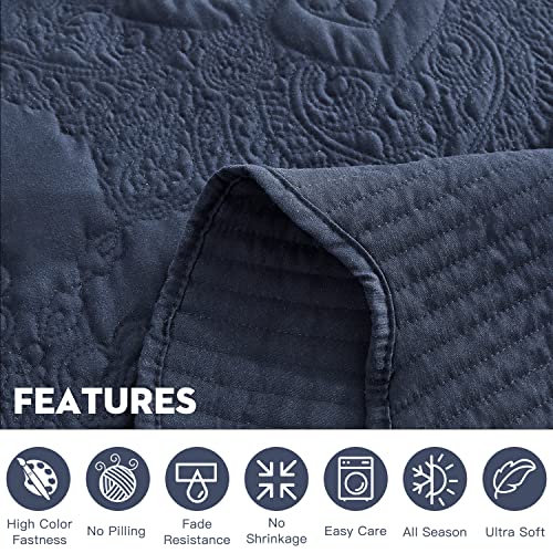 Image of HZ & HY Oversized Alaskan King Bedspread 138x122 Extra Wide, Stitched Damask Quilt Set, Lightweight Reversible Coverlet, Scalloped Edge - Deep Classic Look, 5 Piece, Polar Night