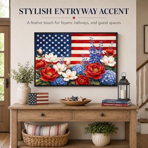 Image of American Flag Framed Canvas Wall Art, 4th of July Floral Canvas Prints, Wildflower Landscape Patriotic Decorations, Vintage Rustic Independence Day Wall Decor for Bedroom Living Room Office 12x16