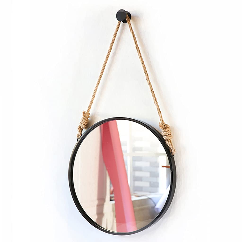 Miroir rond corde de chanvre 40cm en métal noir pour salle de bain