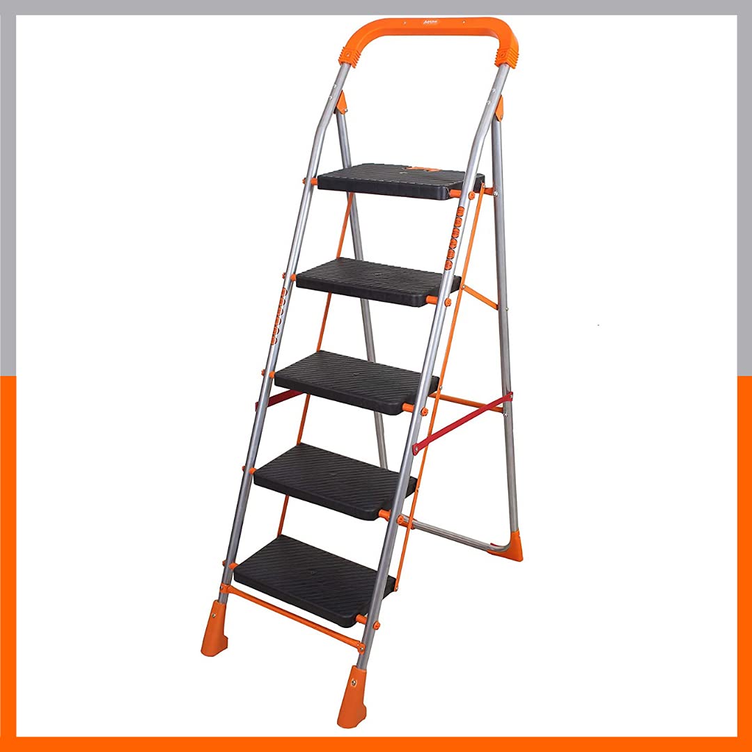 Magna Homewares Pollux Plus Heavy Duty 5 Step Folding Ladder/Step Ladder for Home use-Orange Silver