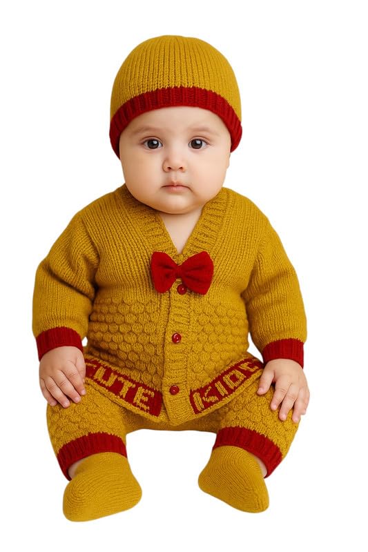 Image of Baby Unisex New Born Baby Boys Girls Soft Comfortable Trendy Woolen Round Neck Stripe Sweater Set with Payjami, Cap and Pair of Booties for Toddlers
