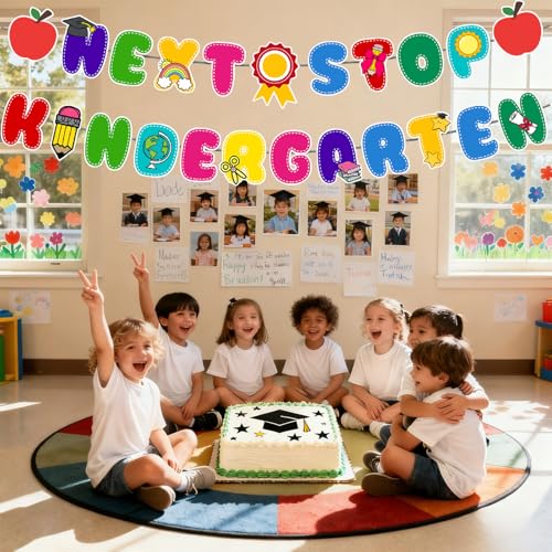 Image of Preschool Graduation Decorations Banner - Pre-Strung Next Stop Kindergarten Garland for Pre K Grad Children Graduate Party Decor