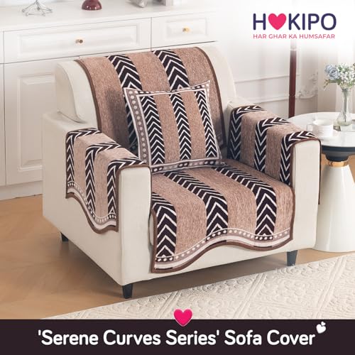 Image of HOKIPO Complete (Seat+Back+Arm) Sofa Mat Set for 1 Seater Sofa |Premium Chenille Sofa Covers with Curve Edges, 'Serene Curves Series' - Nomad Chevron (IN-993+1002+1001 * 2 - D5)
