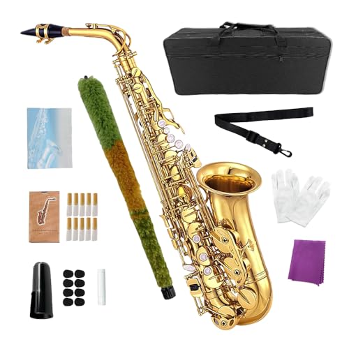 Foyarinal Alto Saxophone, Eb Flat Sax Complete Kit with Case & Accessories for Student, Adult & Beginner (Alto Saxophone Set with Mouthpiece, Reeds, Gloves, Cloth & Brush)-Golden