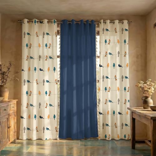 Image of Urban Space 100% Cotton Curtains for Window, Combo Set of 3 Curtains 5 feet Long, 60-65% Room Darkening Curtain, Tieback & Eyelets Included with Curtains for Home decor (Humming Bird Blue, 5 Feet)