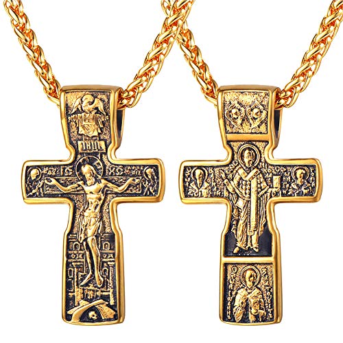U7 Crucifix Cross Pendant 18K Gold Plated Orthodox Jewelry Vintage Religious Jewelry Men Necklace 22 Inch