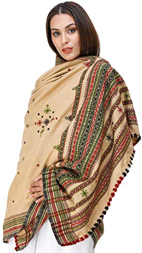 Image of Exotic India Women's Kutch Wool Shawl (SHV95--beige)