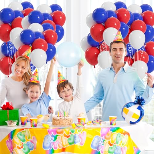 Image of 100pcs Red White and Blue Balloons, 12 inch Independence Day Patriotic Balloons for 4th of July Graduation Baseball Birthday Party Decorations