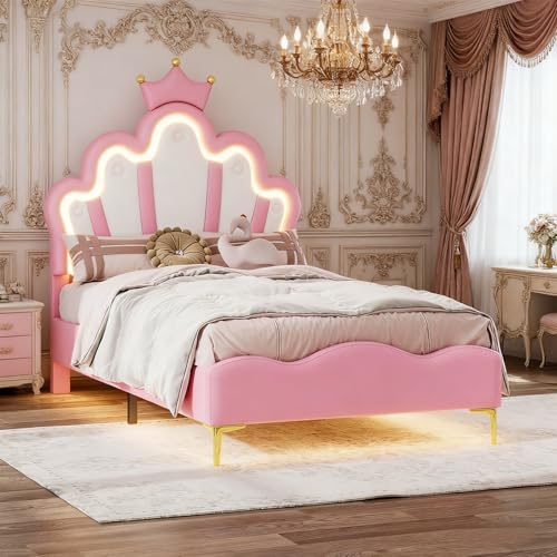 PRTECY Lit Rembourré 90 x 200 cm lit Princesse en Forme de Couronne avec sommier à Lattes et...
