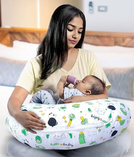 Image of Baby Feeding Pillow Cotton|Maternity Feeding Pillow Portable & Adjustable|Nursing Pillow for Mother and New Born Baby (Panda Green)