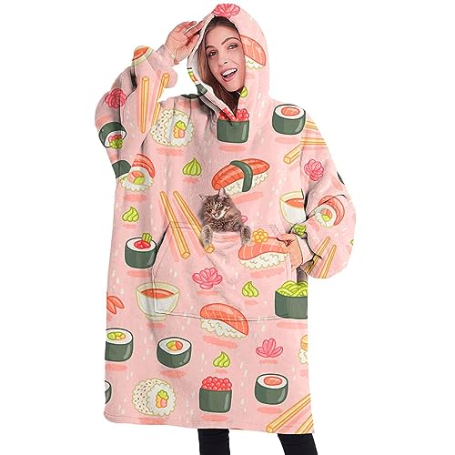 Touchbetter Couverture surdimensionnée portable en sherpa avec super poches, pull pelucheux super chaud pour homme et femme, Sushis et petits pains, taille unique