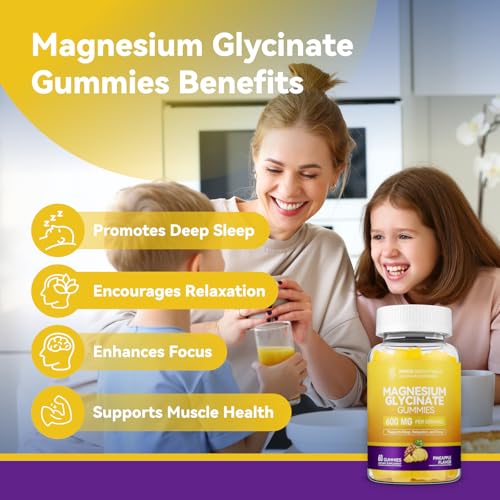 Image of Magnesium Glycinate Gummies 600mg, Non-GMO, Gluten-Free, Magnesium Gummies for Adults & Kids, Sleep, Relaxation & Focus, Pineapple Flavor, 60 Count