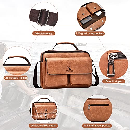 Upgraded Classic 11.4" Pu Leather Messenger Bag, Anti-Theft Sling Shoulder Bag For Men Women, Crossbody Satchel Bag, Unisex Office Bag For Business, Work, Travel (Light Brown) #TOP3