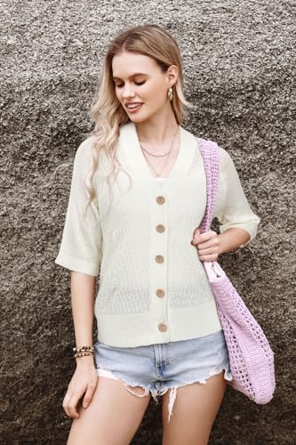 Image of Arach&Cloz Womens Lightweight Cardigan Short Sleeve Shrugs Button Crochet Knit Fashion Sweaters Tops Cozy Clouds Beige