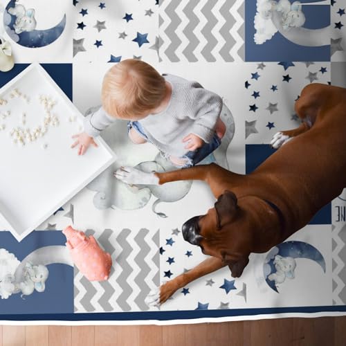 Hawskgfub Baby Toddler Boy Sleeping Elephant Dream Big Leaf Playroom Area Rug, Navy Blue Gray You Are So Loved Star Cloud Non Slip Nursery Play Mat Carpet thumb #5